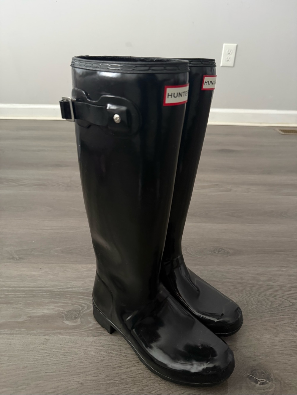 Hunter Glossy Black Tall Rain Boots with Red Logo Trim - Picture 2 of 2